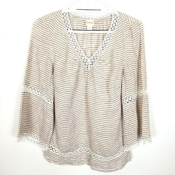 Chico's Women Linen Striped Blouse Top Size S Beige Crochet Trim Boho - Picture 1 of 4